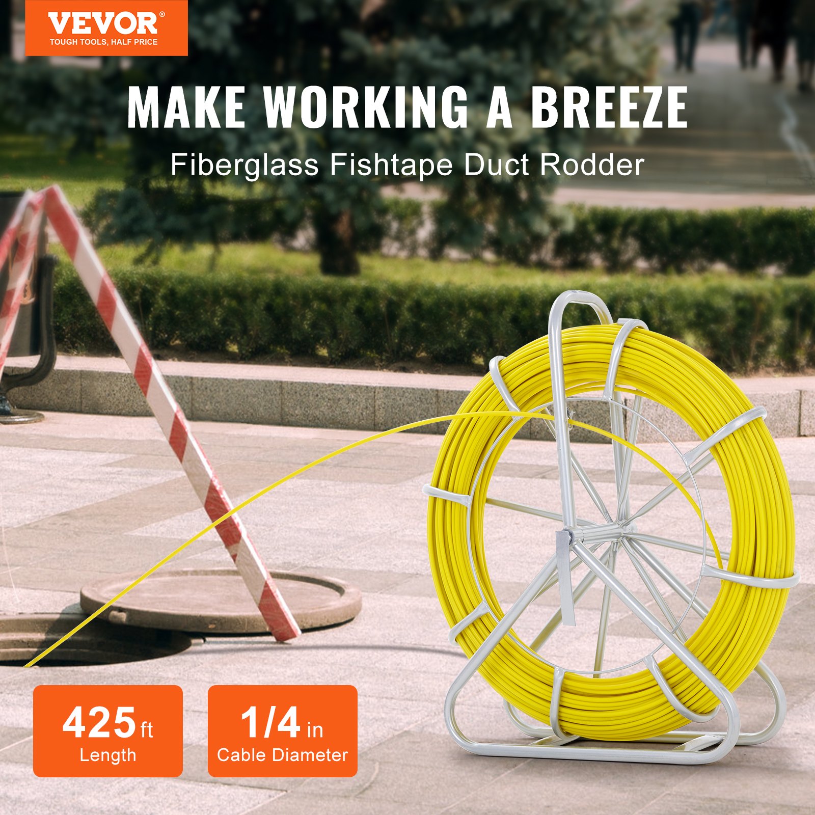 VEVOR Fish Tape Fiberglass, 425 ft, 1/4 inch, Duct Rodder Fishtape Wire Puller, Cable Running Rod with Steel Reel Stand, 3 Pulling Heads, Fishing Tools for Walls and Electrical Conduit, Non-Conductive
