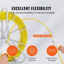 VEVOR Fish Tape Fiberglass, 200 m, 6.35 mm, Duct Rodder Fishtape Wire Puller, Cable Running Rod with Steel Reel Stand, 3 Pulling Heads, Fishing Tools for Walls and Electrical Conduit, Non-Conductive