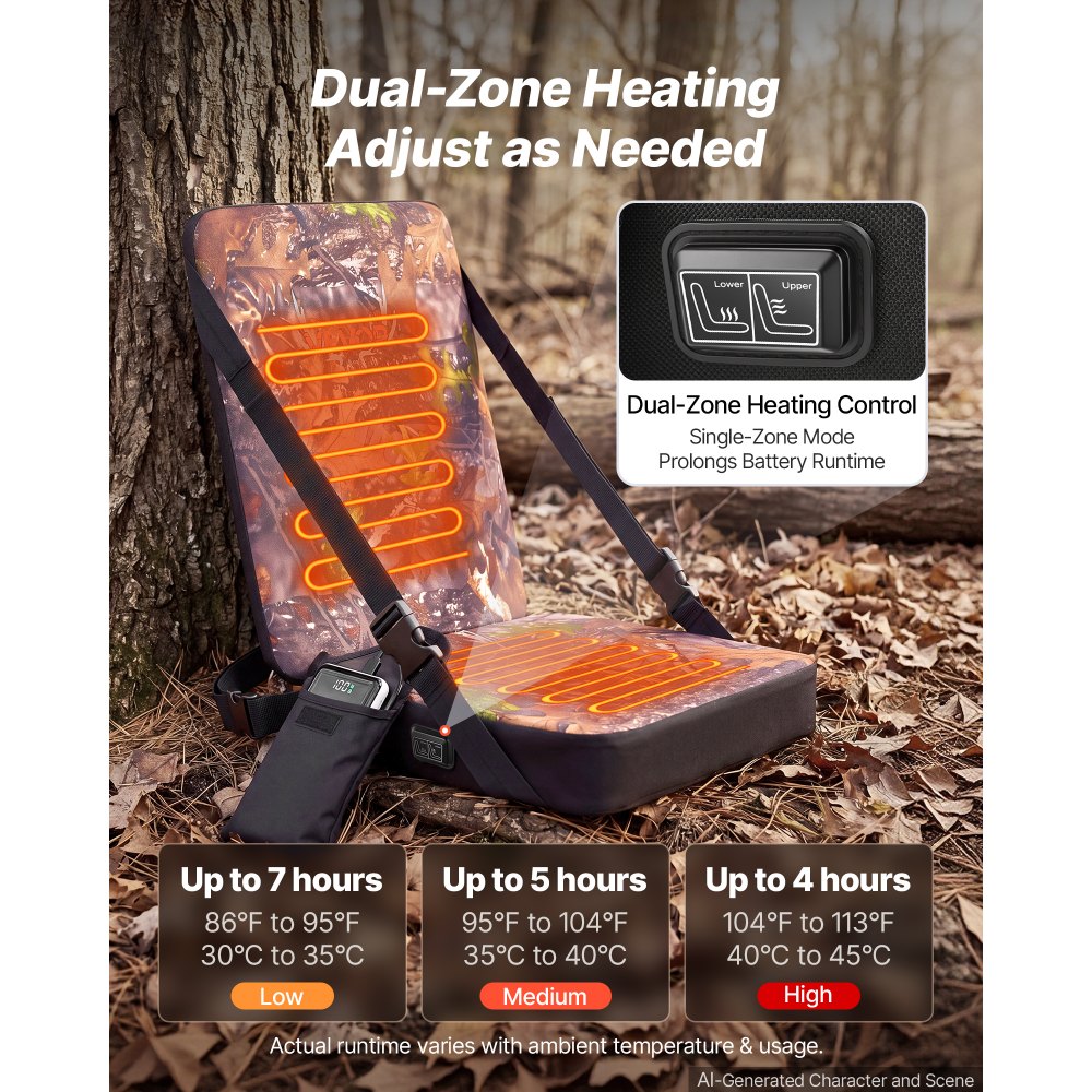 VEVOR Heated Hunting Seat Cushion, 3 Heat Levels, USB Powered, Backrest, for Tree Stands & Hunting Blinds, Self-Supporting Seat, 10-Hour Runtime Portable Pad for Camping & Fishing