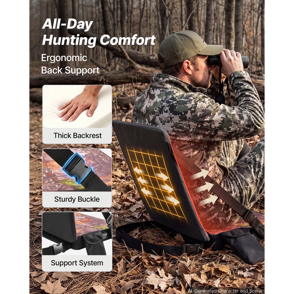 VEVOR Heated Hunting Seat Cushion, 3 Heat Levels, USB Powered, Backrest, for Tree Stands & Hunting Blinds, Self-Supporting Seat, 10-Hour Runtime Portable Pad for Camping & Fishing