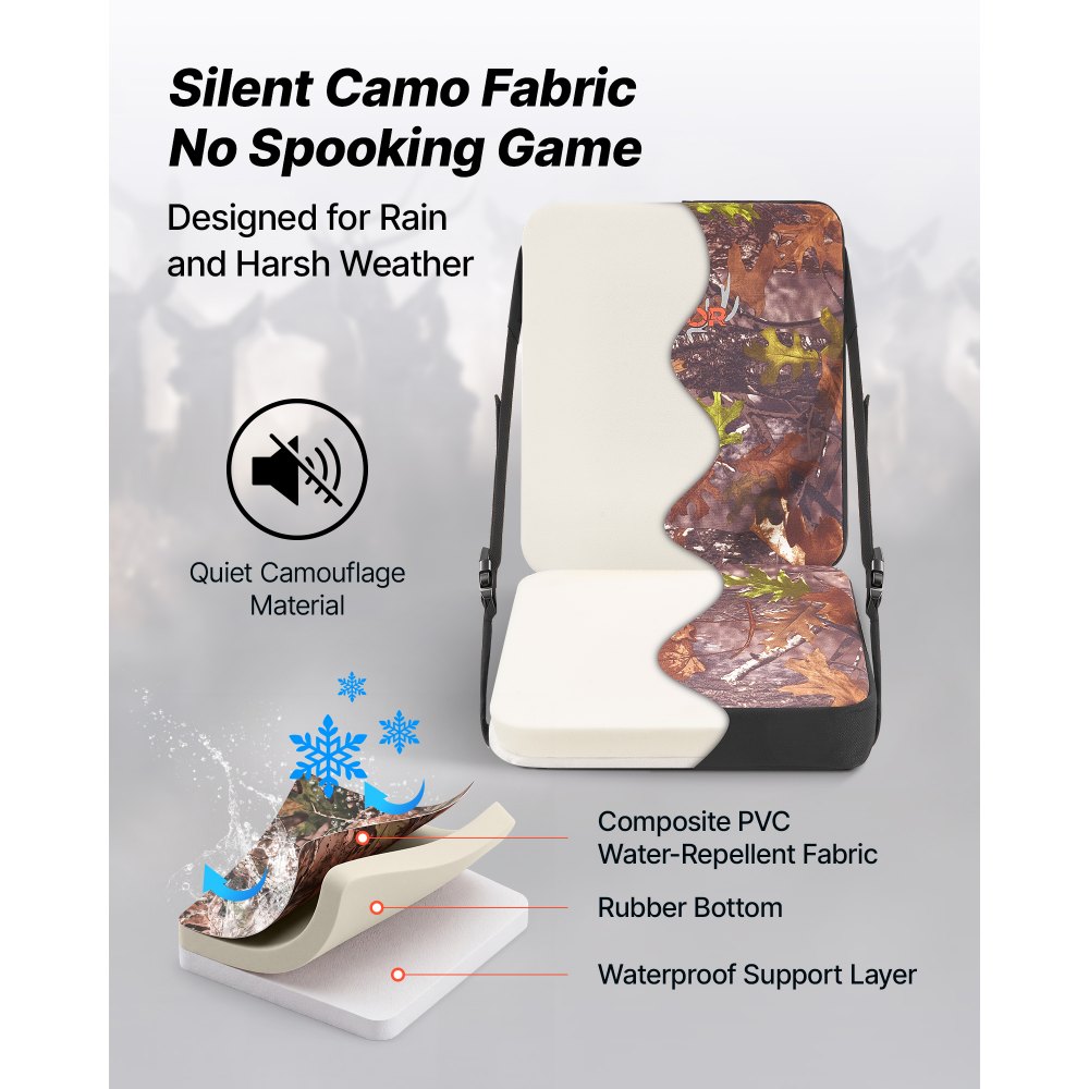 VEVOR Heated Hunting Seat Cushion, 3 Heat Levels, USB Powered, Backrest, for Tree Stands & Hunting Blinds, Self-Supporting Seat, 10-Hour Runtime Portable Pad for Camping & Fishing