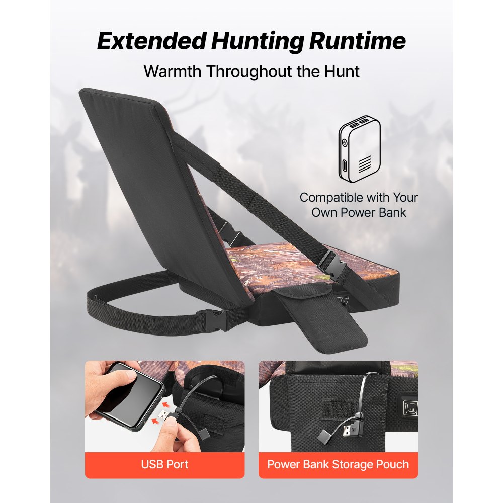 VEVOR Heated Hunting Seat Cushion, 3 Heat Levels, USB Powered, Backrest, for Tree Stands & Hunting Blinds, Self-Supporting Seat, 10-Hour Runtime Portable Pad for Camping & Fishing