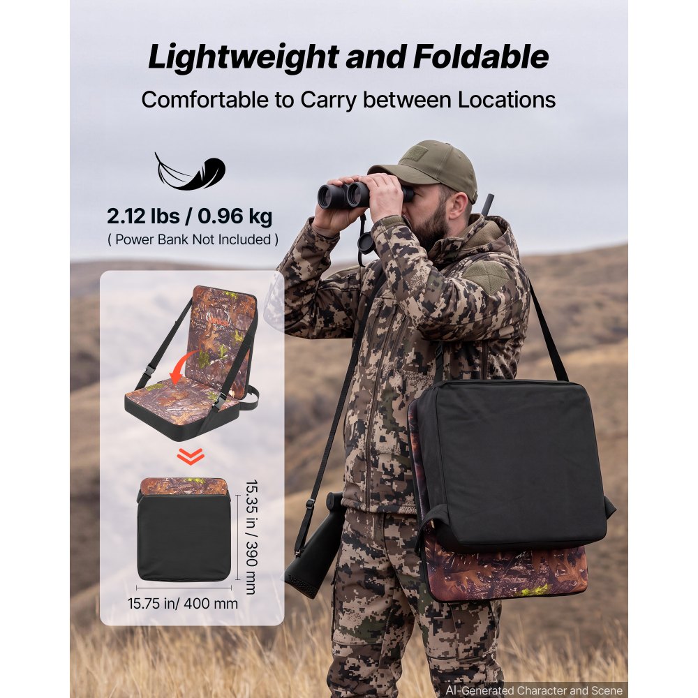 VEVOR Heated Hunting Seat Cushion, 3 Heat Levels, USB Powered, Backrest, for Tree Stands & Hunting Blinds, Self-Supporting Seat, 10-Hour Runtime Portable Pad for Camping & Fishing