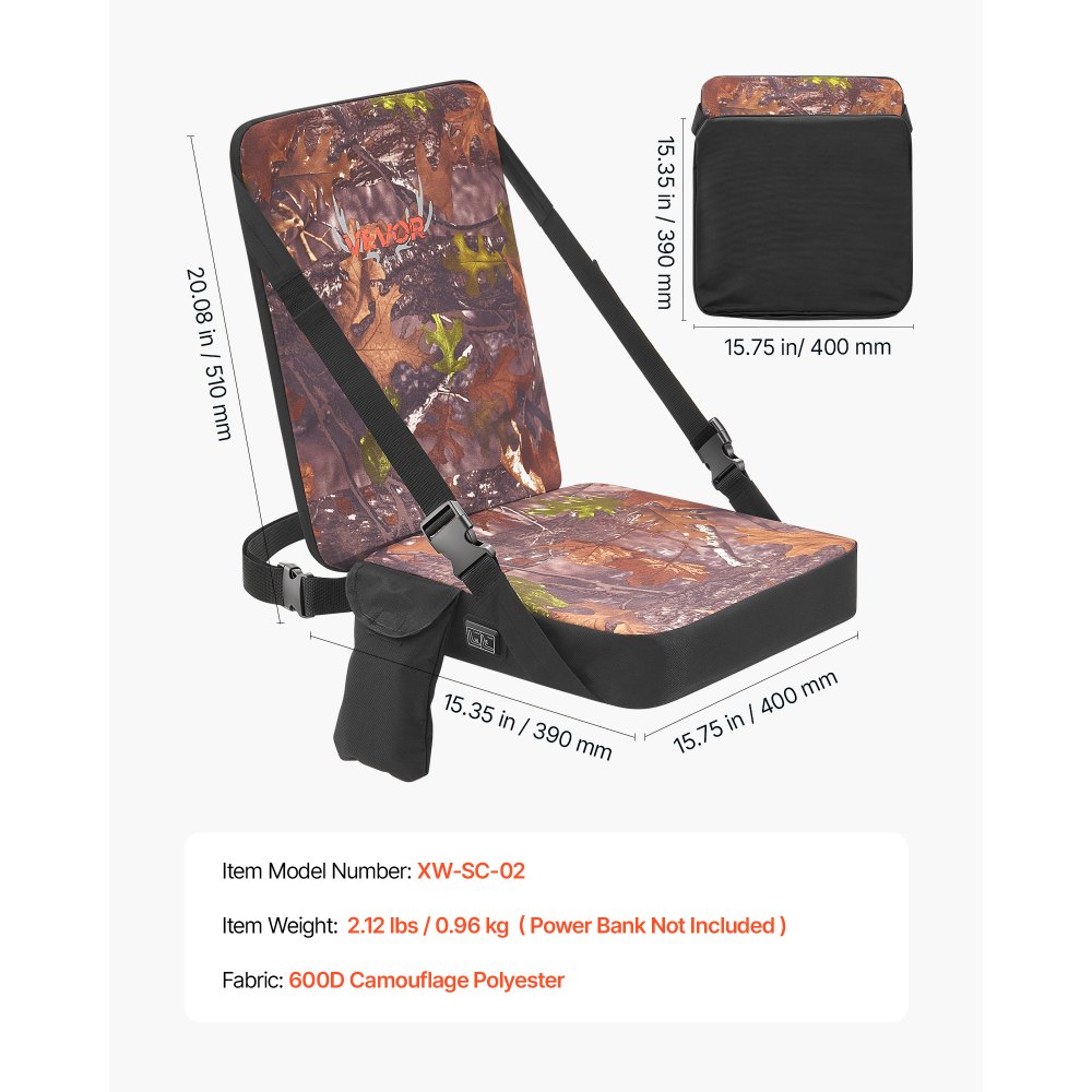VEVOR Heated Hunting Seat Cushion, 3 Heat Levels, USB Powered, Backrest, for Tree Stands & Hunting Blinds, Self-Supporting Seat, 10-Hour Runtime Portable Pad for Camping & Fishing