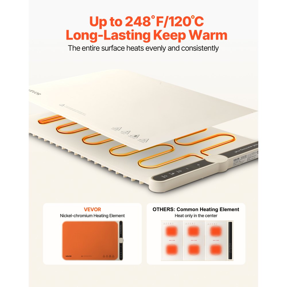 VEVOR Electric Warming Tray, Food Warming Mat for Buffet, Rollable & Portable Silicone Food Warmer with 9 Adjustable Temperature Settings, Auto Shut-Off & Child Lock, Ideal for Parties, Catering