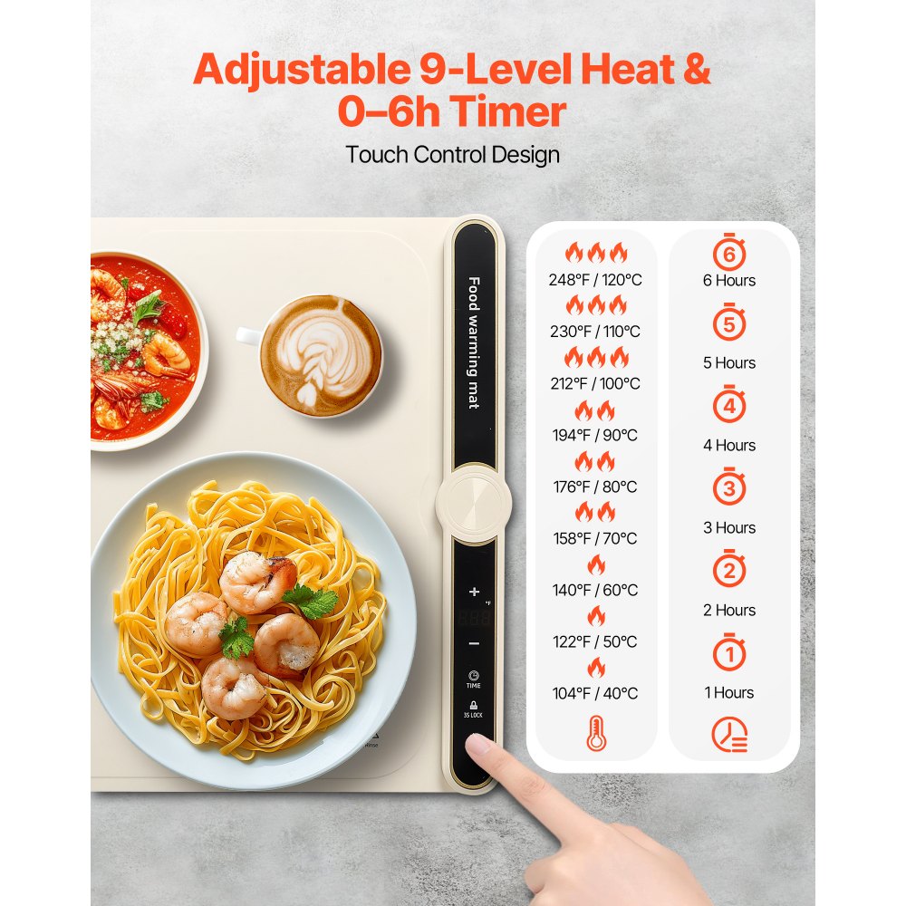VEVOR Electric Warming Tray, Food Warming Mat for Buffet, Rollable & Portable Silicone Food Warmer with 9 Adjustable Temperature Settings, Auto Shut-Off & Child Lock, Ideal for Parties, Catering