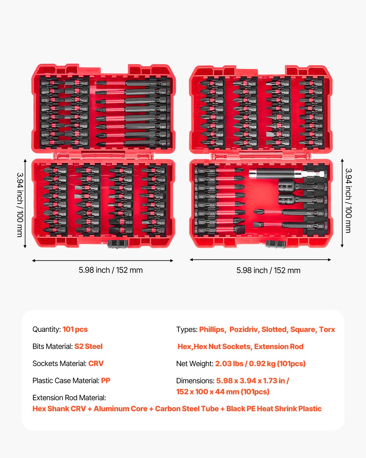 VEVOR Screwdriver Bit Set, 101-Piece, Magnetic Phillips, Pozidriv, Slotted, Square, Torx, Hex Bits, Hex Nut Sockets, Extension Rod with Storage Case, High-Strength S2 Alloy Steel, Blackened Finish