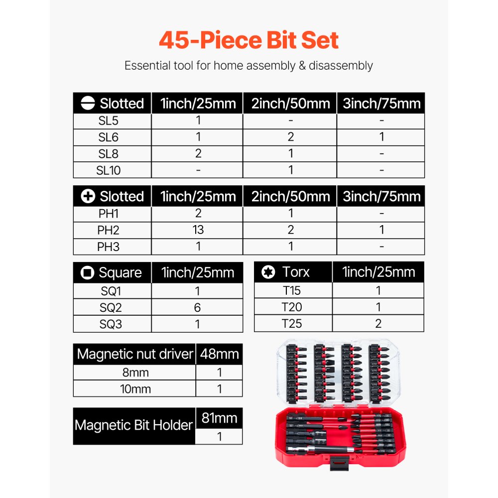 VEVOR Screwdriver Bit Set, 45-Piece, Magnetic Phillips, Slotted, Square, Torx Bit, Hex Nut Sockets, Extension Rod with Transparent Storage Case, High-Strength S2 Alloy Steel, Blackened Finish