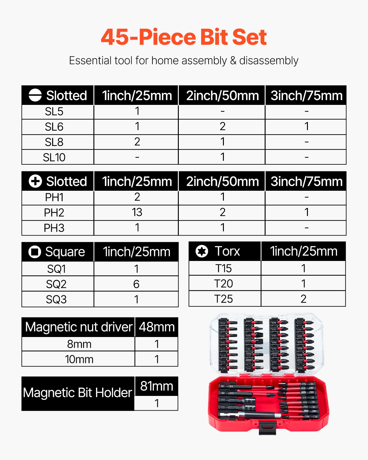 VEVOR Screwdriver Bit Set, 45-Piece, Magnetic Phillips, Slotted, Square, Torx Bit, Hex Nut Sockets, Extension Rod with Transparent Storage Case, High-Strength S2 Alloy Steel, Blackened Finish