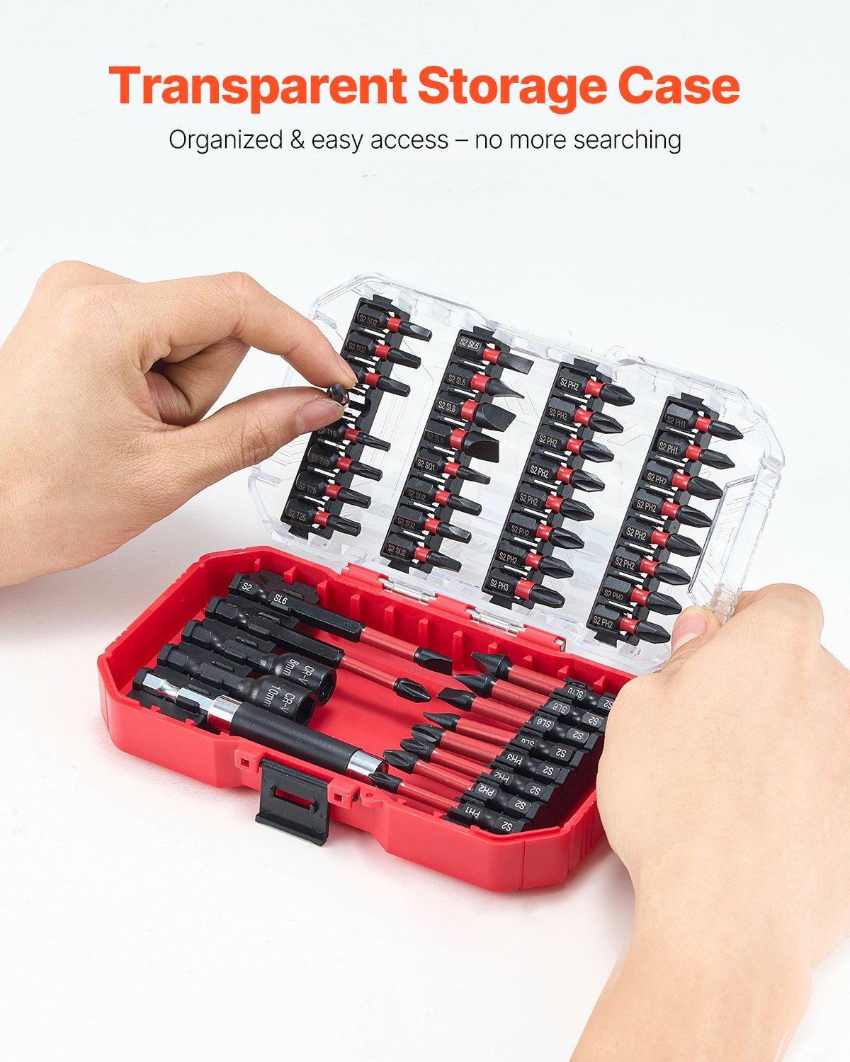 VEVOR Screwdriver Bit Set, 45-Piece, Magnetic Phillips, Slotted, Square, Torx Bit, Hex Nut Sockets, Extension Rod with Transparent Storage Case, High-Strength S2 Alloy Steel, Blackened Finish