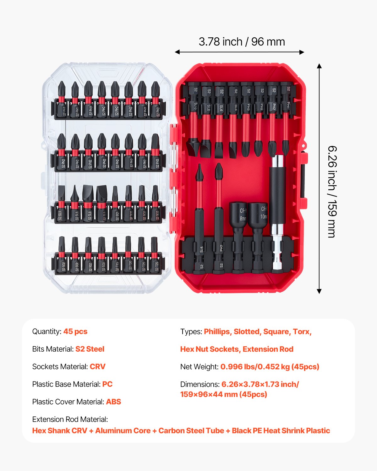 VEVOR Screwdriver Bit Set, 45-Piece, Magnetic Phillips, Slotted, Square, Torx Bit, Hex Nut Sockets, Extension Rod with Transparent Storage Case, High-Strength S2 Alloy Steel, Blackened Finish