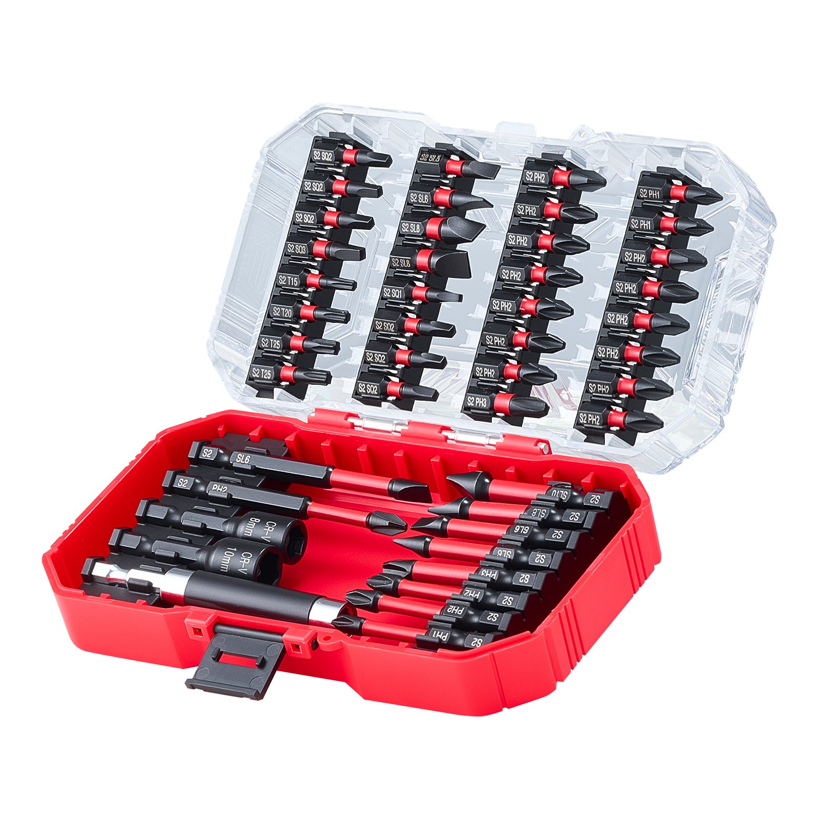 VEVOR Screwdriver Bit Set, 45-Piece, Magnetic Phillips, Slotted, Square, Torx Bit, Hex Nut Sockets, Extension Rod with Transparent Storage Case, High-Strength S2 Alloy Steel, Blackened Finish