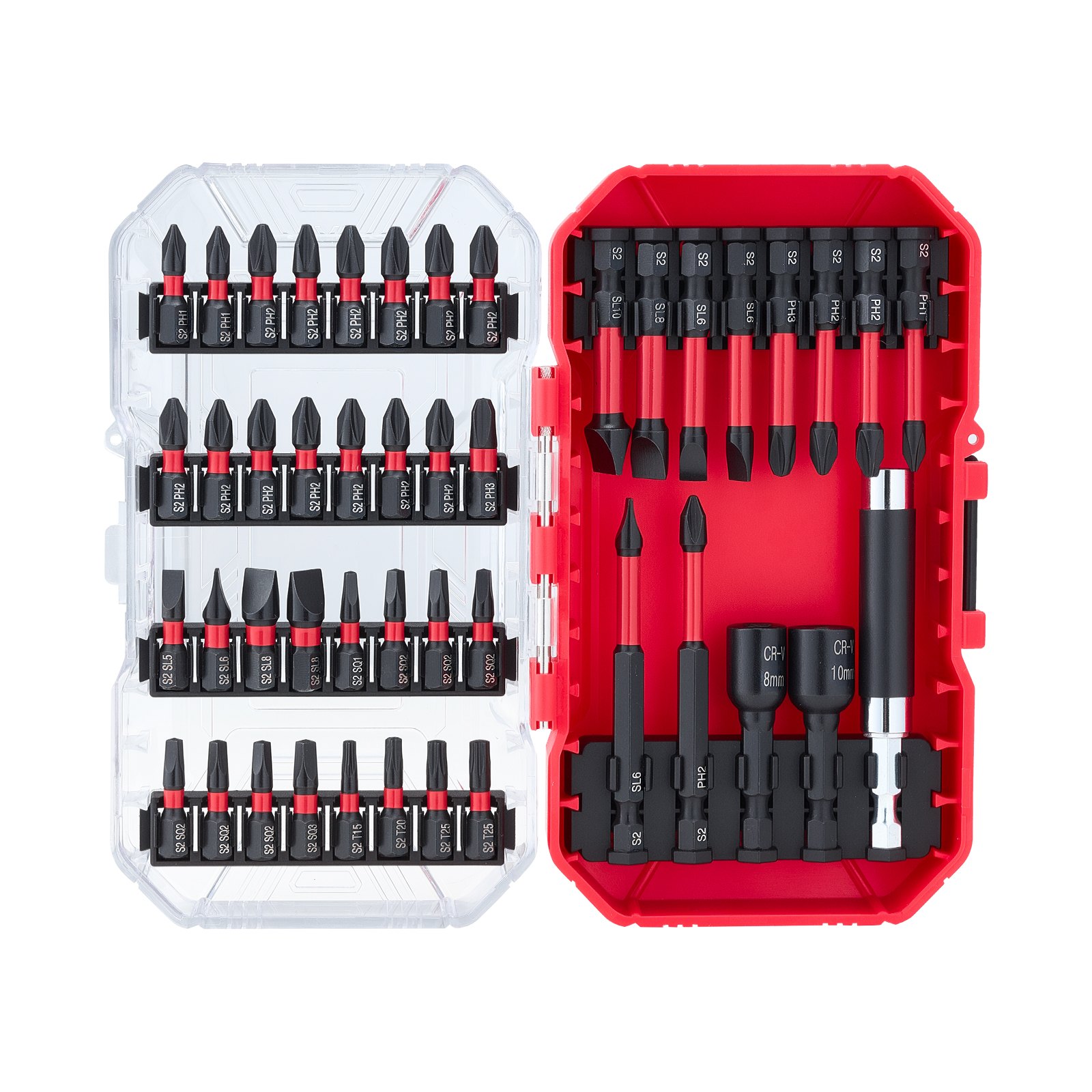 VEVOR Screwdriver Bit Set, 45-Piece, Magnetic Phillips, Slotted, Square, Torx Bit, Hex Nut Sockets, Extension Rod with Transparent Storage Case, High-Strength S2 Alloy Steel, Blackened Finish
