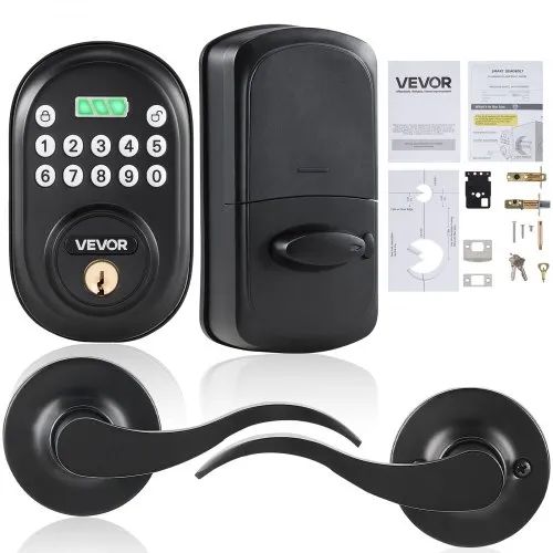 VEVOR Keyless Entry Door Lock with Handle, Electronic Keypad Entry Lever, Password and Key Unlock Combination, Auto-Locking Keypad with Deadbolt, One-time Password, for Front Door, Matte Black