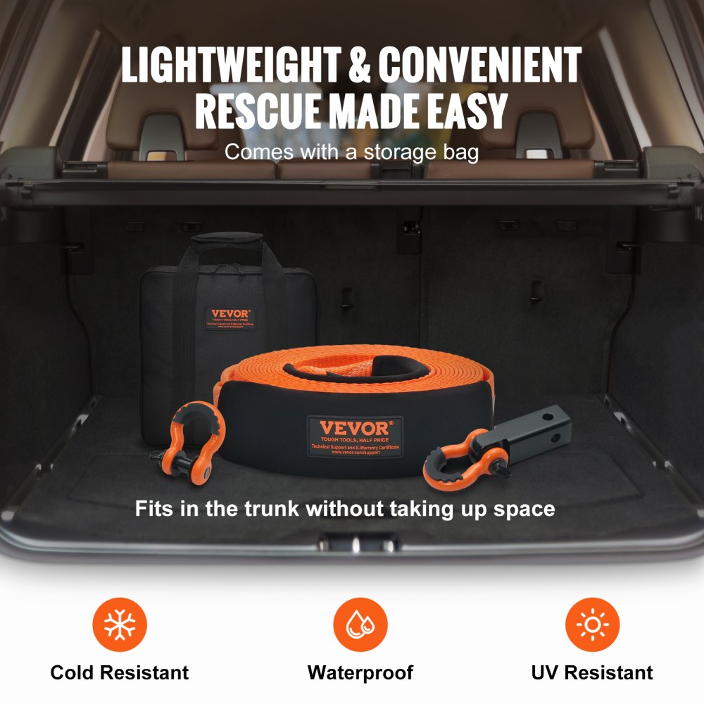 VEVOR Polyester Heavy Duty Tow Strap Recovery Kit 3" x 30 ft/7.6 cm x 9.1 m (MBS-36,000 lbs/16,329 kg) Winch Strap, Triple Reinforced Loop, Snatch Strap + 2" (5.1 cm) Shackle Hitch Receiver + 3/4" (1.9 cm) D-Ring Shackles (2PCS) + Storage Bag
