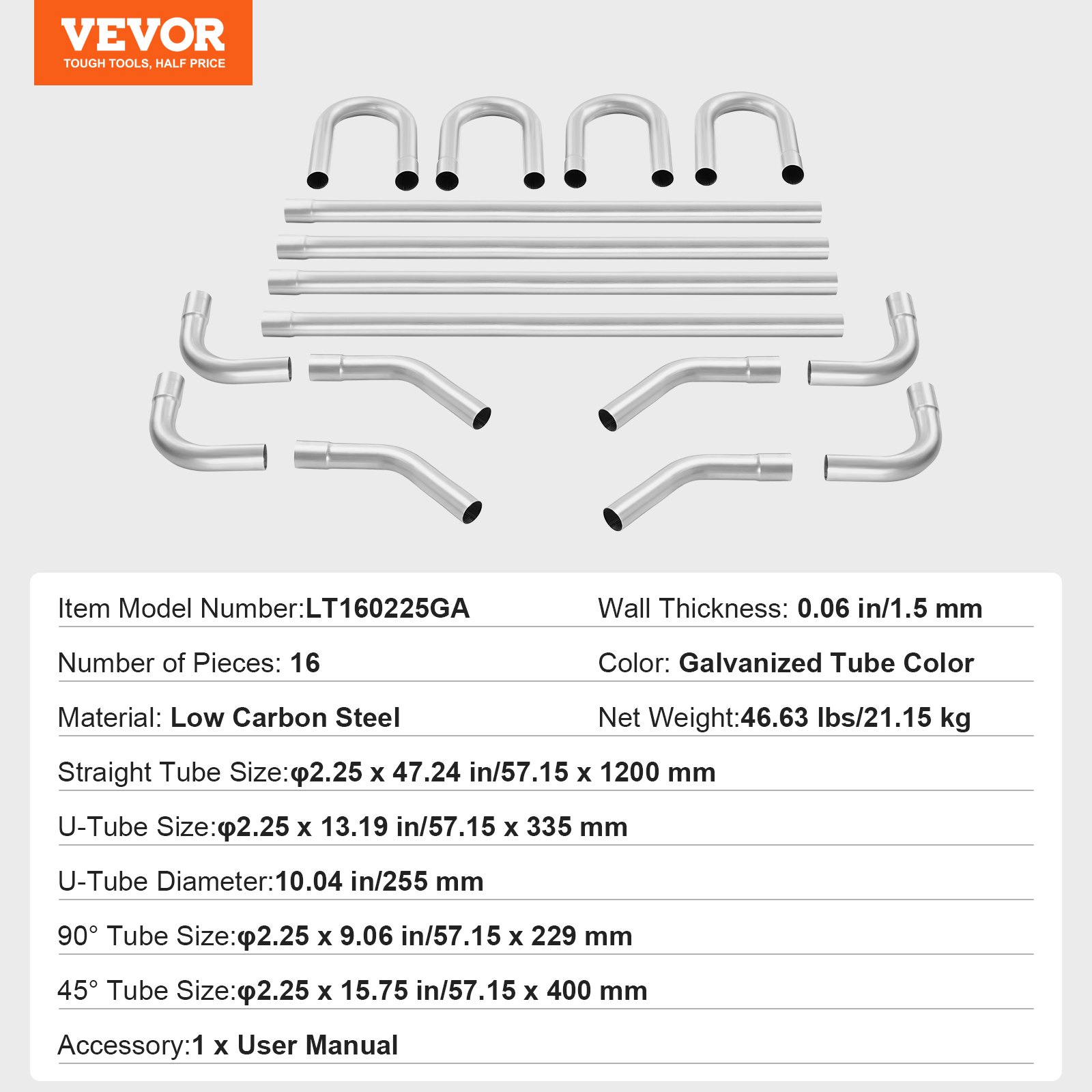 VEVOR Exhaust Kit, 16pcs, DIY Universal Galvanized Steel Exhaust Kit with Slip-Fit Joint & Large Exhaust Tube, Rust-Proof Exhaust Pipe for Exhaust System, Fit for Garage/Auto Repair Store/4S Store