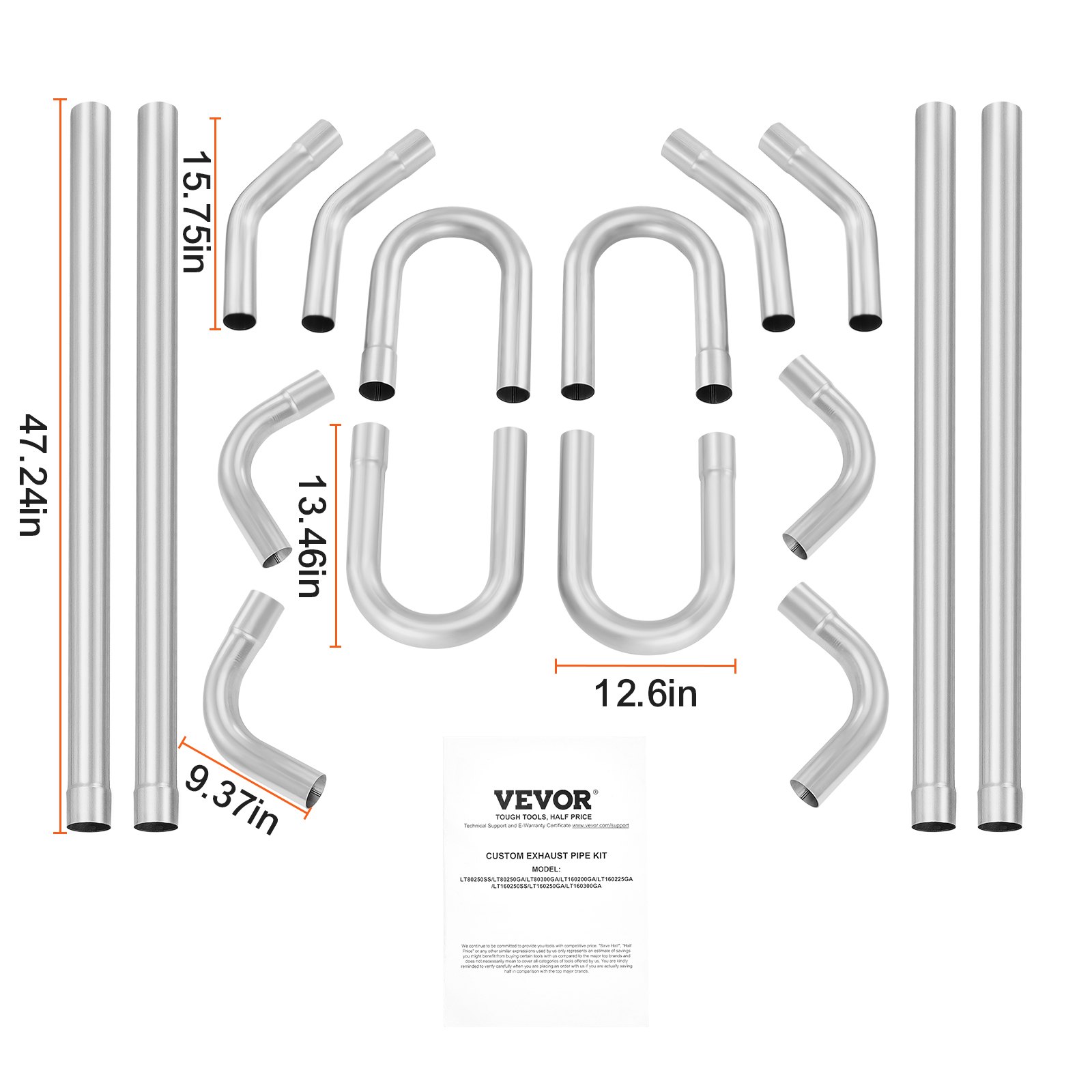 VEVOR Exhaust Kit, 16pcs, DIY Universal Galvanized Steel Exhaust Kit with Slip-Fit Joint & Large Exhaust Tube, Rust-Proof Exhaust Pipe for Exhaust System, Fit for Garage/Auto Repair Store/4S Store