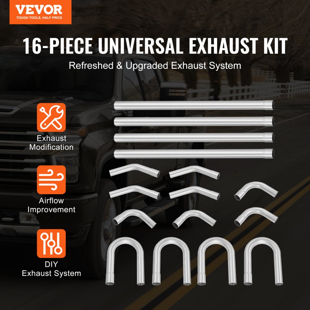 VEVOR Exhaust Kit, 16pcs, DIY Universal Galvanized Steel Exhaust Kit with Slip-Fit Joint & Large Exhaust Tube, Rust-Proof Exhaust Pipe for Exhaust System, Fit for Garage/Auto Repair Store/4S Store