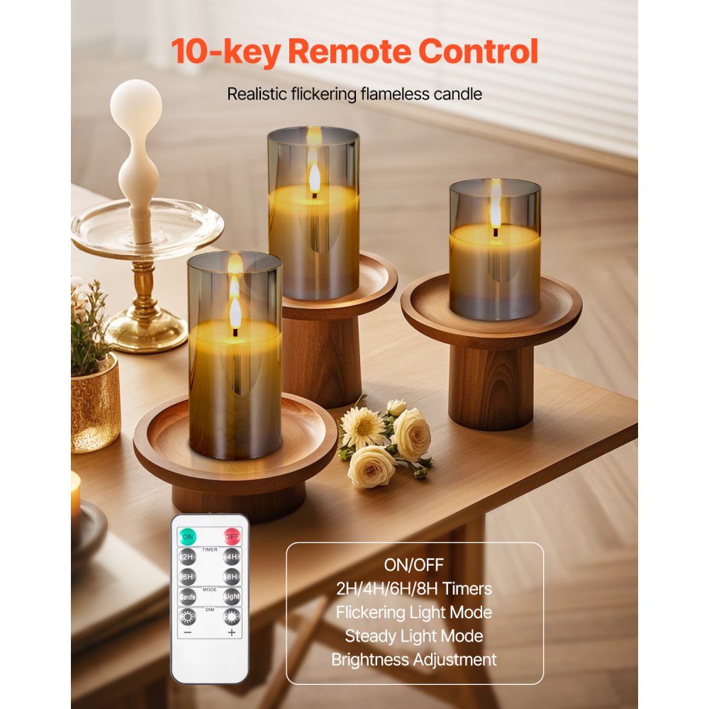 VEVOR Gray Flickering Flameless Candles, Set of 3 Battery Operated Flameless Led Candles with 10-Key Remote and Timer, Real Wax & Warm Color Flickering Light for Festival Wedding Home Party Decor