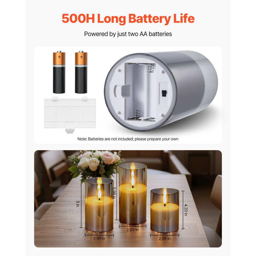 VEVOR Gray Flickering Flameless Candles, Set of 3 Battery Operated Flameless Led Candles with 10-Key Remote and Timer, Real Wax & Warm Color Flickering Light for Festival Wedding Home Party Decor