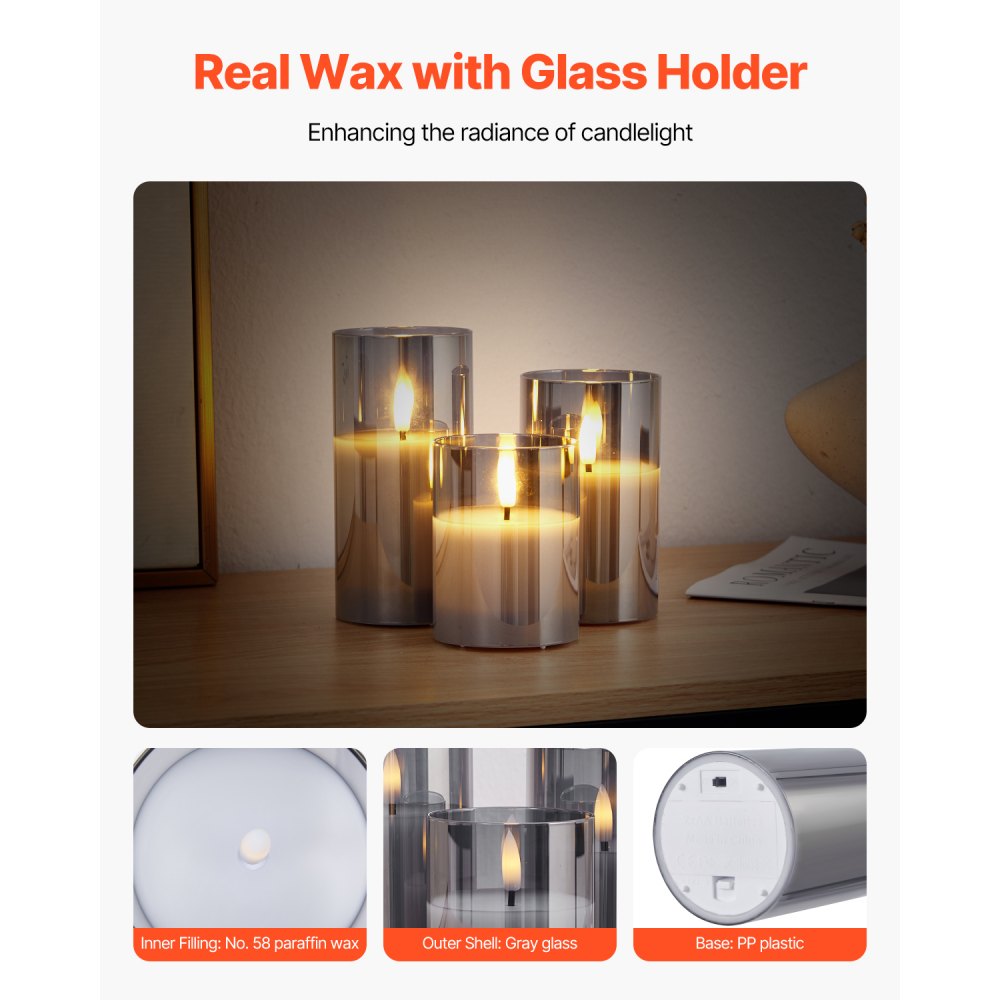 VEVOR Gray Flickering Flameless Candles, Set of 3 Battery Operated Flameless Led Candles with 10-Key Remote and Timer, Real Wax & Warm Color Flickering Light for Festival Wedding Home Party Decor