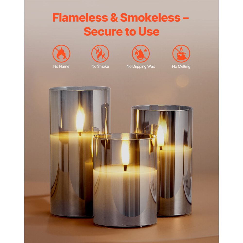 VEVOR Gray Flickering Flameless Candles, Set of 3 Battery Operated Flameless Led Candles with 10-Key Remote and Timer, Real Wax & Warm Color Flickering Light for Festival Wedding Home Party Decor