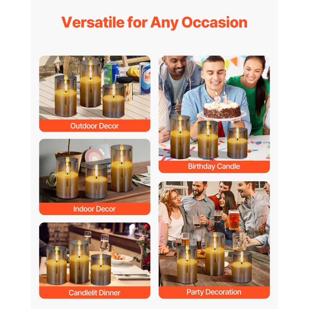 VEVOR Gray Flickering Flameless Candles, Set of 3 Battery Operated Flameless Led Candles with 10-Key Remote and Timer, Real Wax & Warm Color Flickering Light for Festival Wedding Home Party Decor