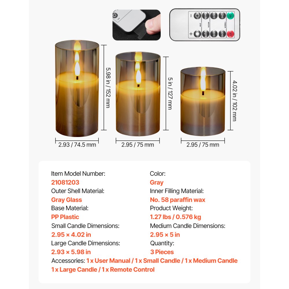 VEVOR Gray Flickering Flameless Candles, Set of 3 Battery Operated Flameless Led Candles with 10-Key Remote and Timer, Real Wax & Warm Color Flickering Light for Festival Wedding Home Party Decor