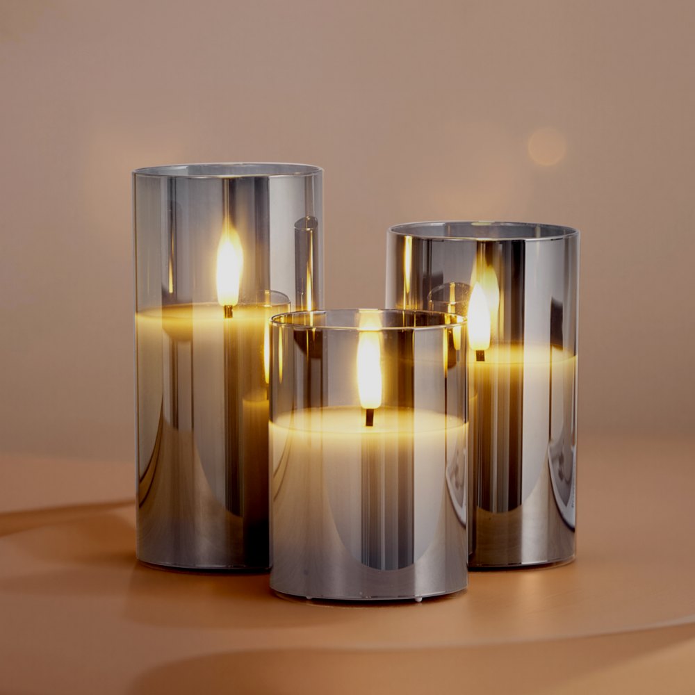 VEVOR Gray Flickering Flameless Candles, Set of 3 Battery Operated Flameless Led Candles with 10-Key Remote and Timer, Real Wax & Warm Color Flickering Light for Festival Wedding Home Party Decor