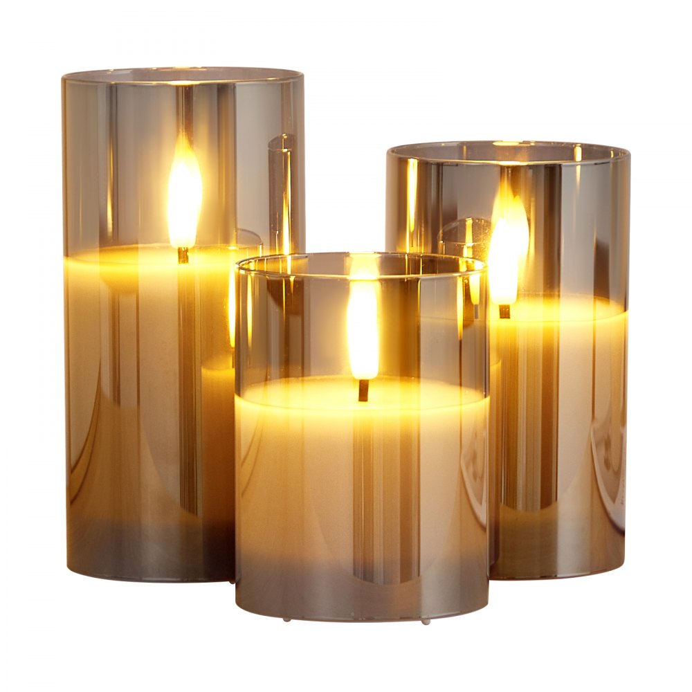 VEVOR Gray Flickering Flameless Candles, Set of 3 Battery Operated Flameless Led Candles with 10-Key Remote and Timer, Real Wax & Warm Color Flickering Light for Festival Wedding Home Party Decor