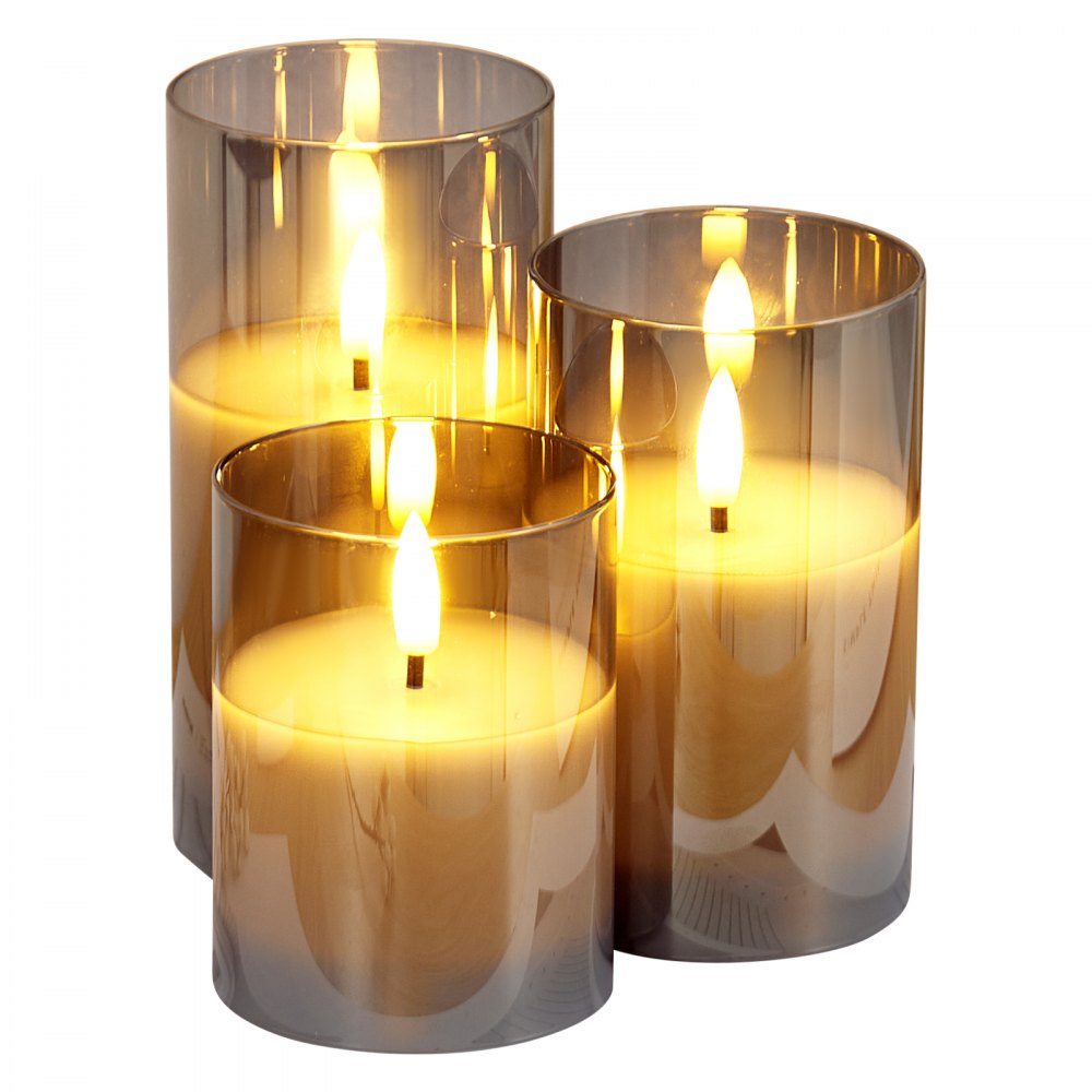 VEVOR Gray Flickering Flameless Candles, Set of 3 Battery Operated Flameless Led Candles with 10-Key Remote and Timer, Real Wax & Warm Color Flickering Light for Festival Wedding Home Party Decor