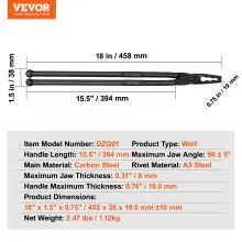 VEVOR Blacksmith Tongs, 18” Wolf Jaw Tongs, Carbon Steel Forge Tongs with A3 Steel Rivets, for Horseshoes, Curved Shapes, Block Forgings, for Beginner and Seasoned Blacksmiths and Bladesmiths