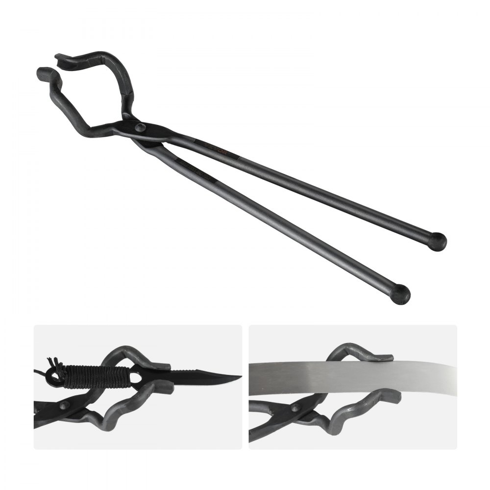 VEVOR blacksmith tongs holding a knife and a flat metal bar, designed for heavy-duty durability.