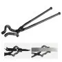 VEVOR blacksmith tongs with v-shaped jaws, gripping a knife and flat metal piece in close-up views.