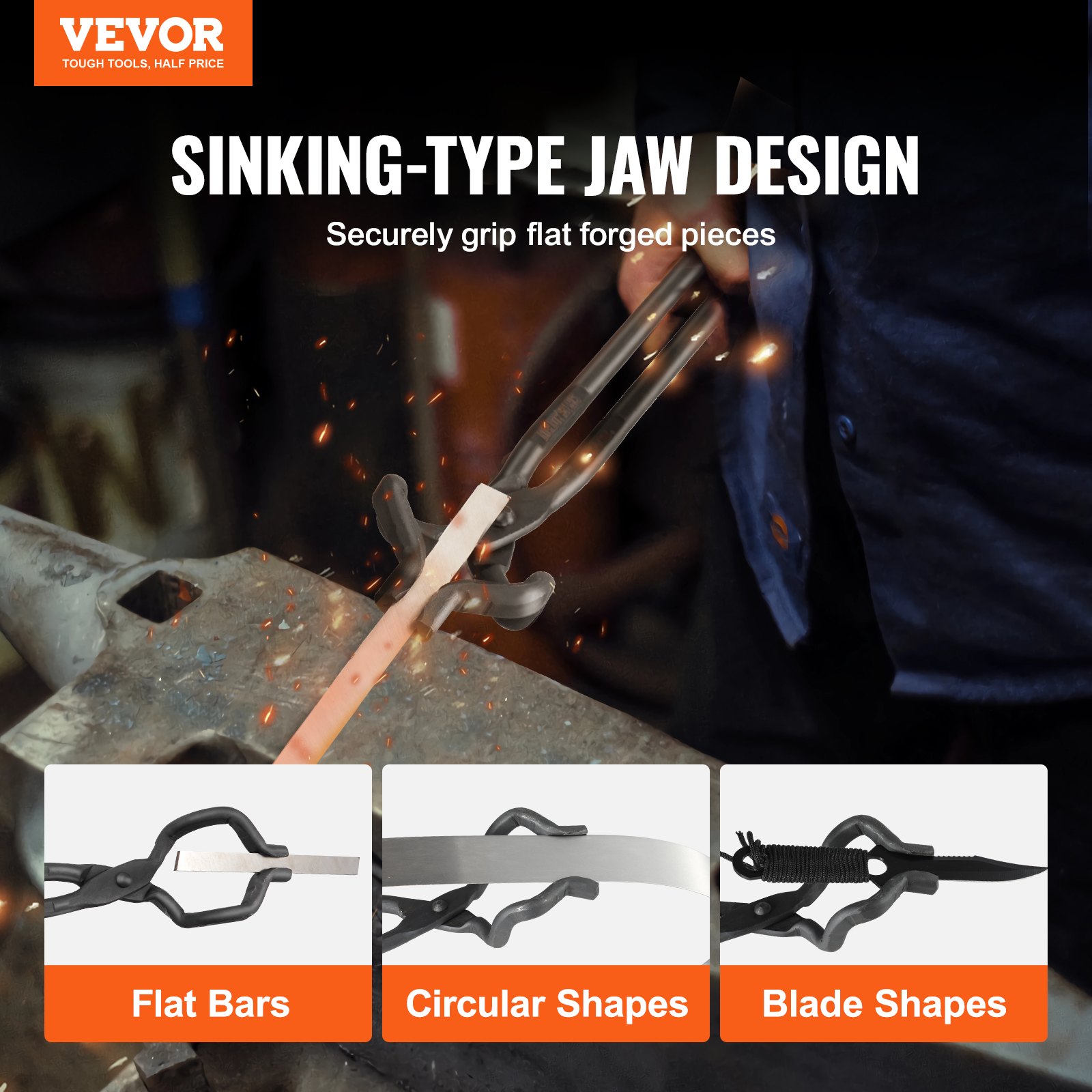VEVOR blacksmith tongs securely gripping a flat bar with sinking-type jaw design against anvil backdrop.