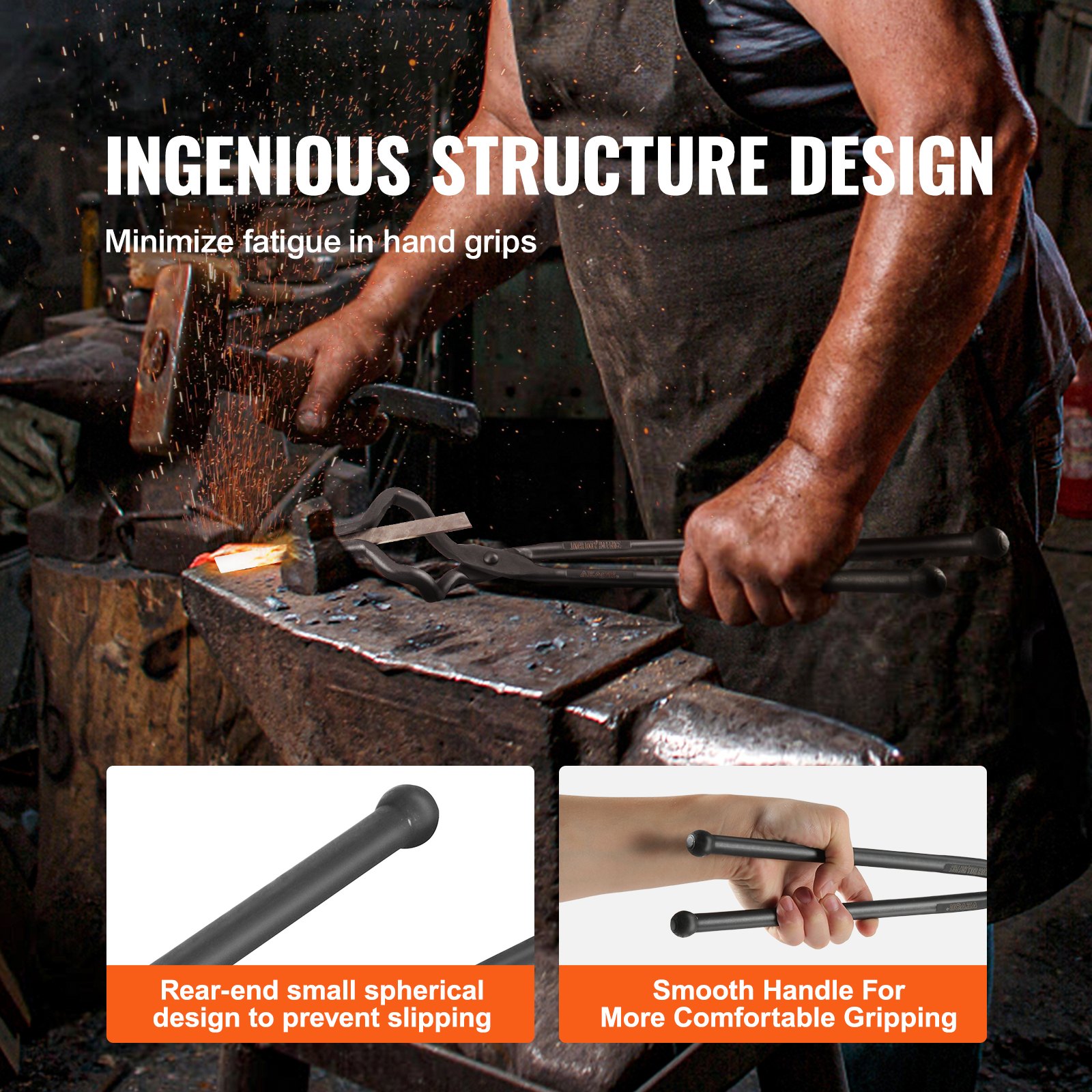 blacksmith using VEVOR blacksmith tongs with ergonomic design to reduce hand fatigue during forging.