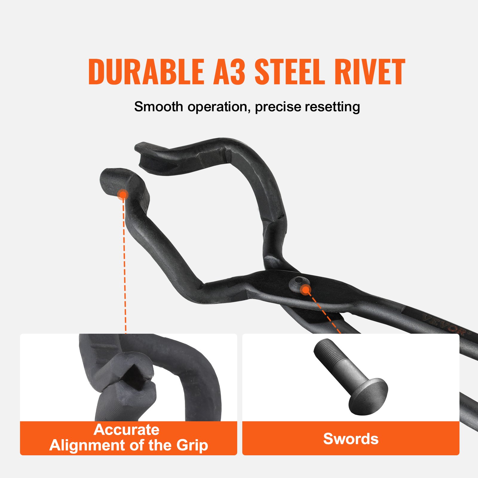 VEVOR blacksmith tongs feature durable a3 steel rivet ensuring smooth operation and accurate grip alignment.