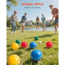 VEVOR Bocce Ball Set, 100 mm, with 8 Resin Balls, Pallino, Carrying Bag and Measuring Rope, Red/Green/Blue/Yellow 4 Colors, for 2 to 8 Players, Bocce Ball Game Set for Beach, Lawn, Family Backyard