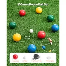 VEVOR Bocce Ball Set, 100 mm, with 8 Resin Balls, Pallino, Carrying Bag and Measuring Rope, Red/Green/Blue/Yellow 4 Colors, for 2 to 8 Players, Bocce Ball Game Set for Beach, Lawn, Family Backyard