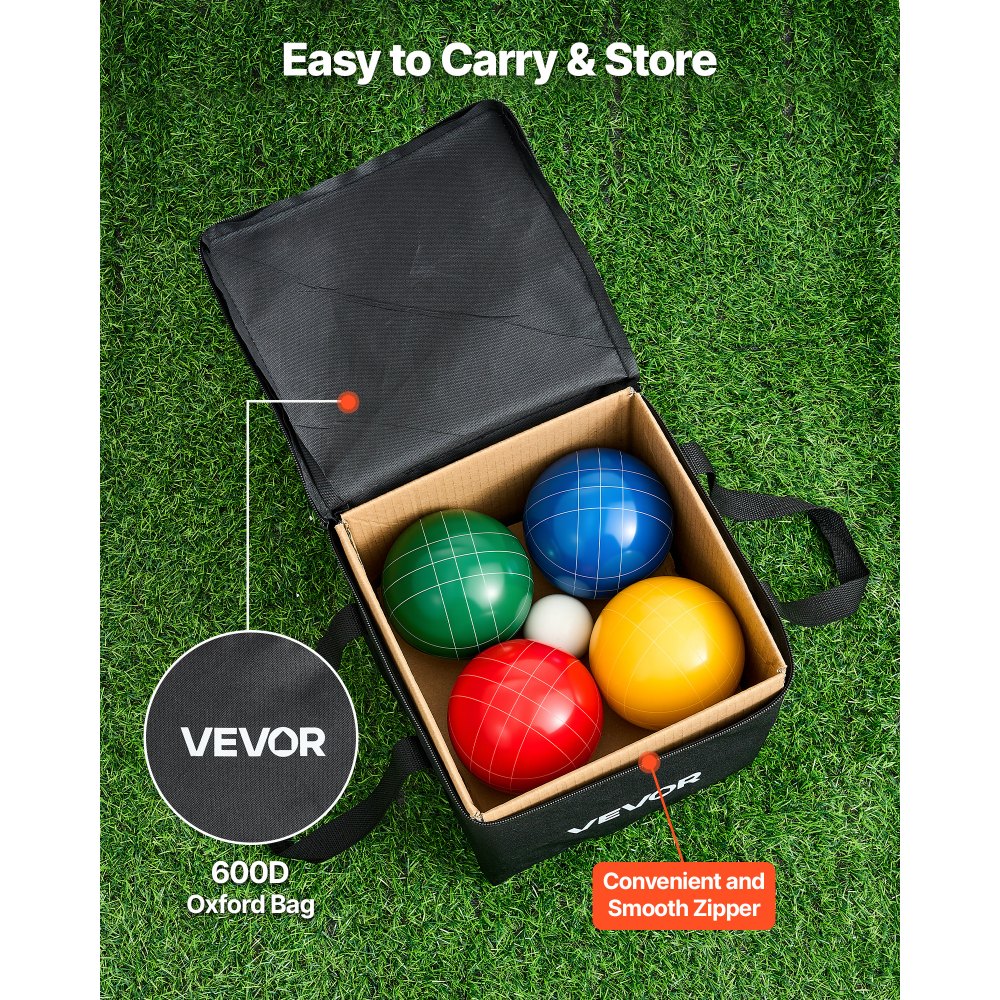 VEVOR Bocce Ball Set, 107 mm, with 8 Resin Balls, Pallino, Carrying Bag and Measuring Rope, Red/Green/Blue/Yellow 4 Colors, for 2 to 8 Players, Bocce Ball Game Set for Beach, Lawn, Family Backyard