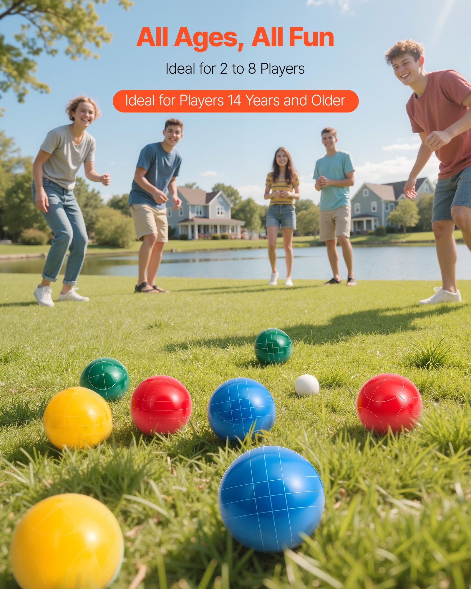 VEVOR Bocce Ball Set, 107 mm, with 8 Resin Balls, Pallino, Carrying Bag and Measuring Rope, Red/Green/Blue/Yellow 4 Colors, for 2 to 8 Players, Bocce Ball Game Set for Beach, Lawn, Family Backyard