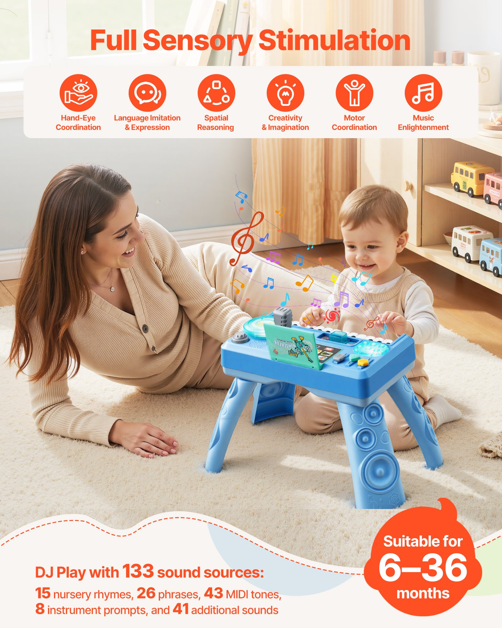 VEVOR Baby DJ Playset for Toddlers 1-3, Educational Musical Table Toys with 133 Sound Sources, Recording and LED DJ Turntable, Baby Activity Table for Birthday, Gift for Kids Aged 6+ Months