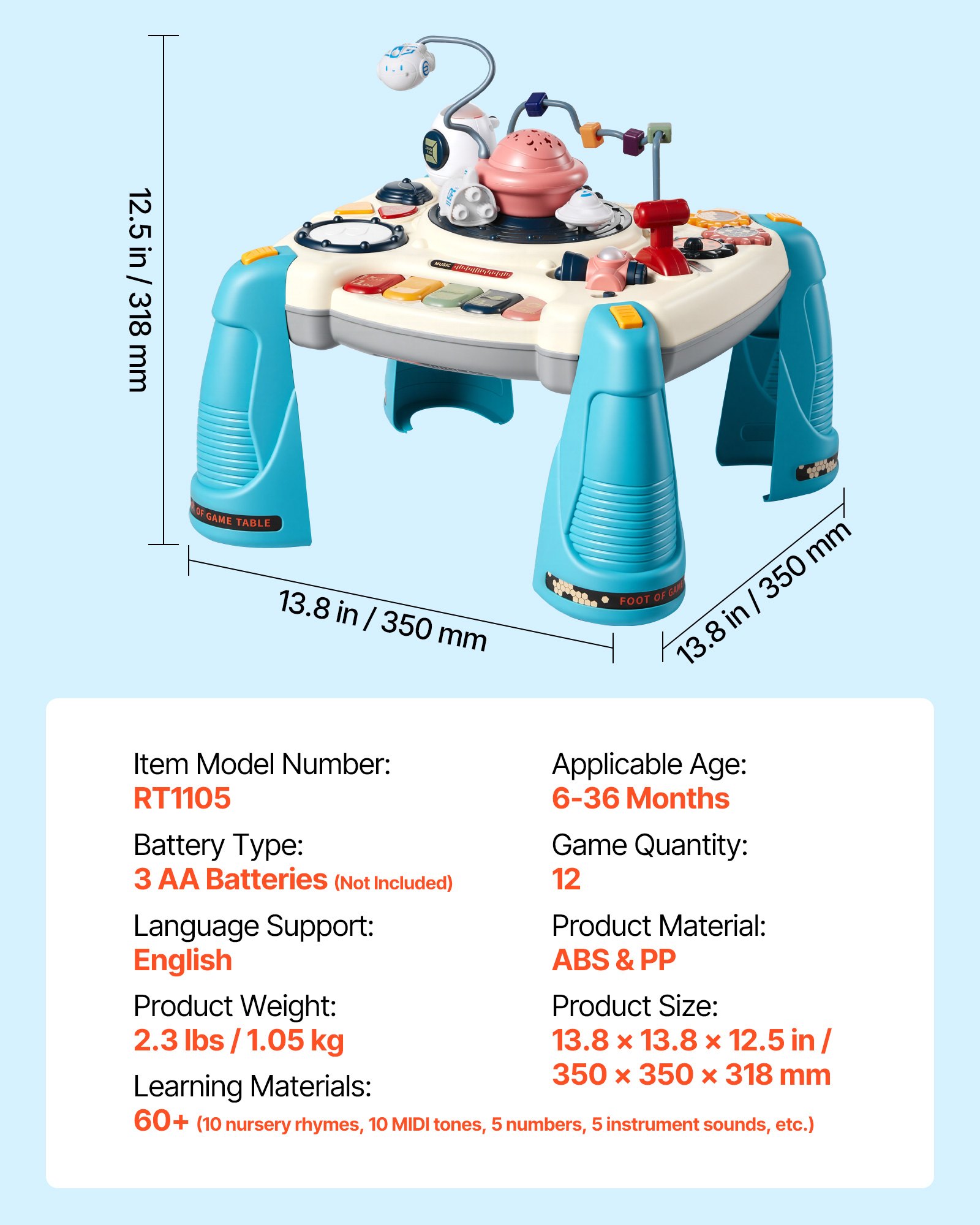 VEVOR Baby Spacecraft Musical Table Toys for 1-3 Years Old, Learning Activity Desk with Space Theme & Soft-glow Star Projector & 60+ Sound Sources, Toddler Learning Table for Kids 6+ Months