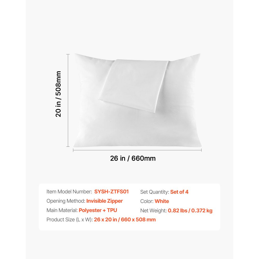VEVOR Pillow Protectors, 4 Pack Waterproof Pillow Protectors with Hidden Zipper, Breathable Standard Size Pillows Protector, Stain & Dust Sweat Proof, Washable Covers for Increased Pillows Lifespan