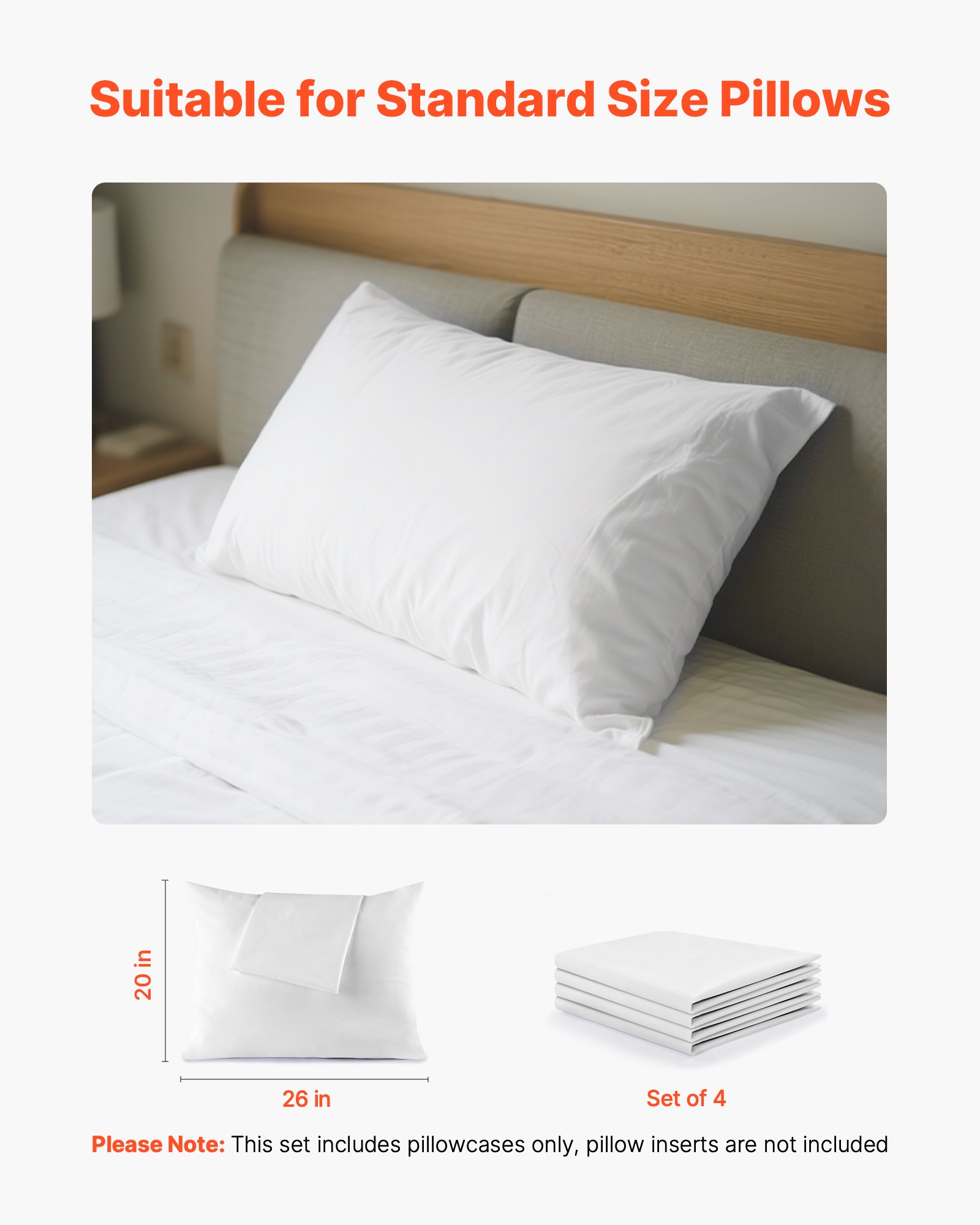 VEVOR Pillow Protectors, 4 Pack Waterproof Pillow Protectors with Hidden Zipper, Breathable Standard Size Pillows Protector, Stain & Dust Sweat Proof, Washable Covers for Increased Pillows Lifespan