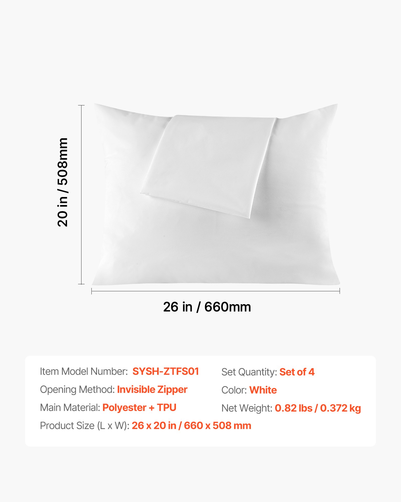 VEVOR Pillow Protectors, 4 Pack Waterproof Pillow Protectors with Hidden Zipper, Breathable Standard Size Pillows Protector, Stain & Dust Sweat Proof, Washable Covers for Increased Pillows Lifespan