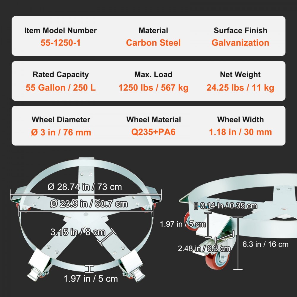 VEVOR 250 L Heavy Duty Drum Dolly, 567 kg Load Capacity, Barrel Dolly Cart Drum Caddy, Non Tipping Hand Truck Capacity Dollies with Steel Frame 5 Swivel Casters Wheel, for Warehouse Drum Handling