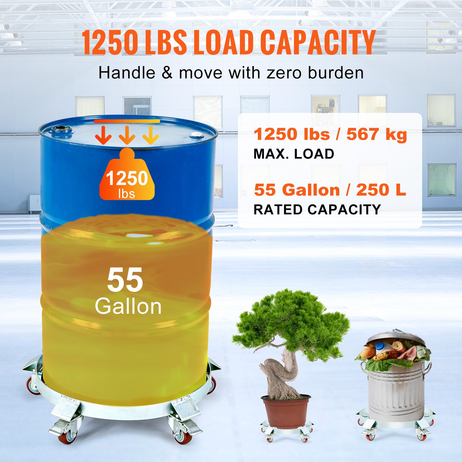 VEVOR 250 L Heavy Duty Drum Dolly, 567 kg Load Capacity, Barrel Dolly Cart Drum Caddy, Non Tipping Hand Truck Capacity Dollies with Steel Frame 5 Swivel Casters Wheel, for Warehouse Drum Handling