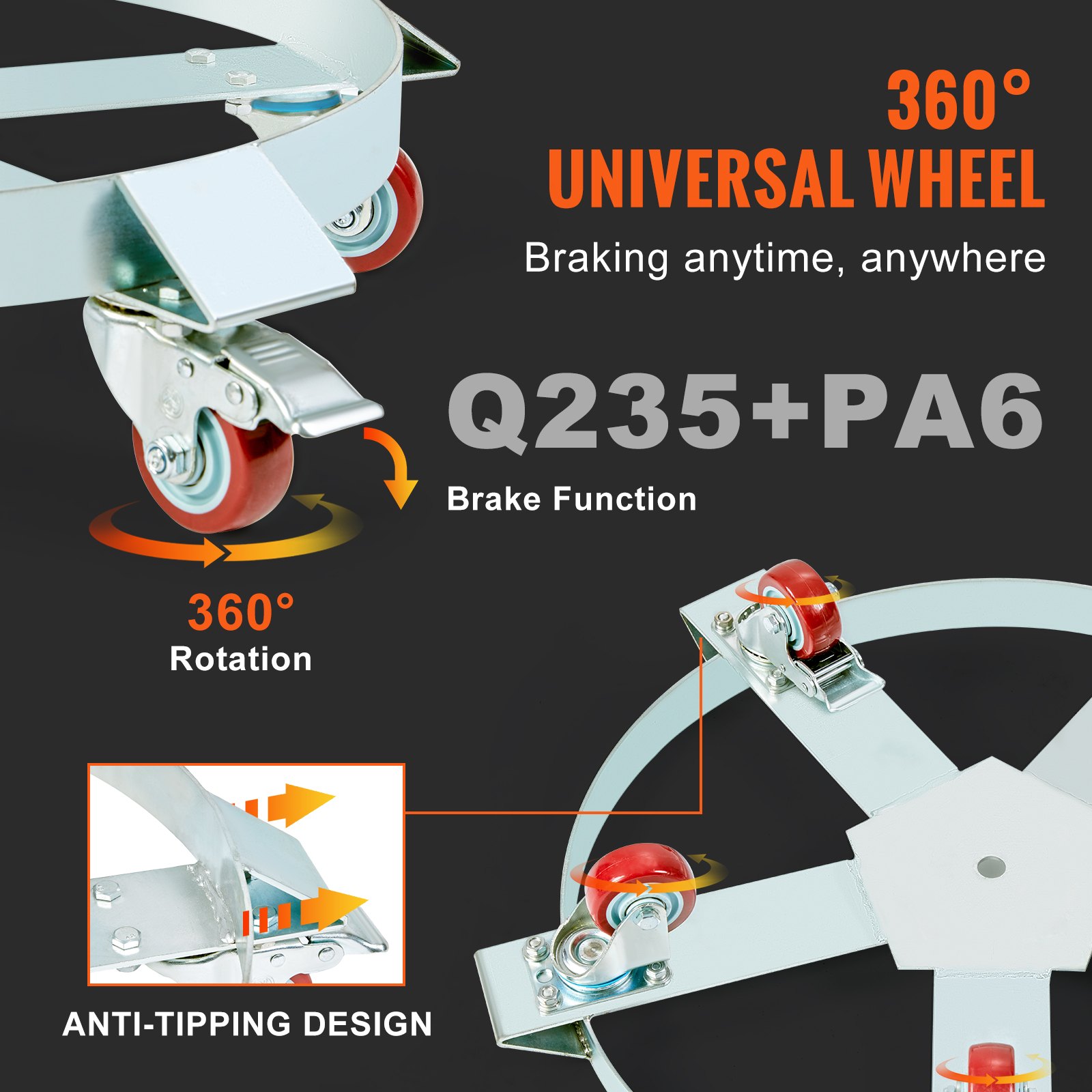 VEVOR 250 L Heavy Duty Drum Dolly, 567 kg Load Capacity, Barrel Dolly Cart Drum Caddy, Non Tipping Hand Truck Capacity Dollies with Steel Frame 5 Swivel Casters Wheel, for Warehouse Drum Handling
