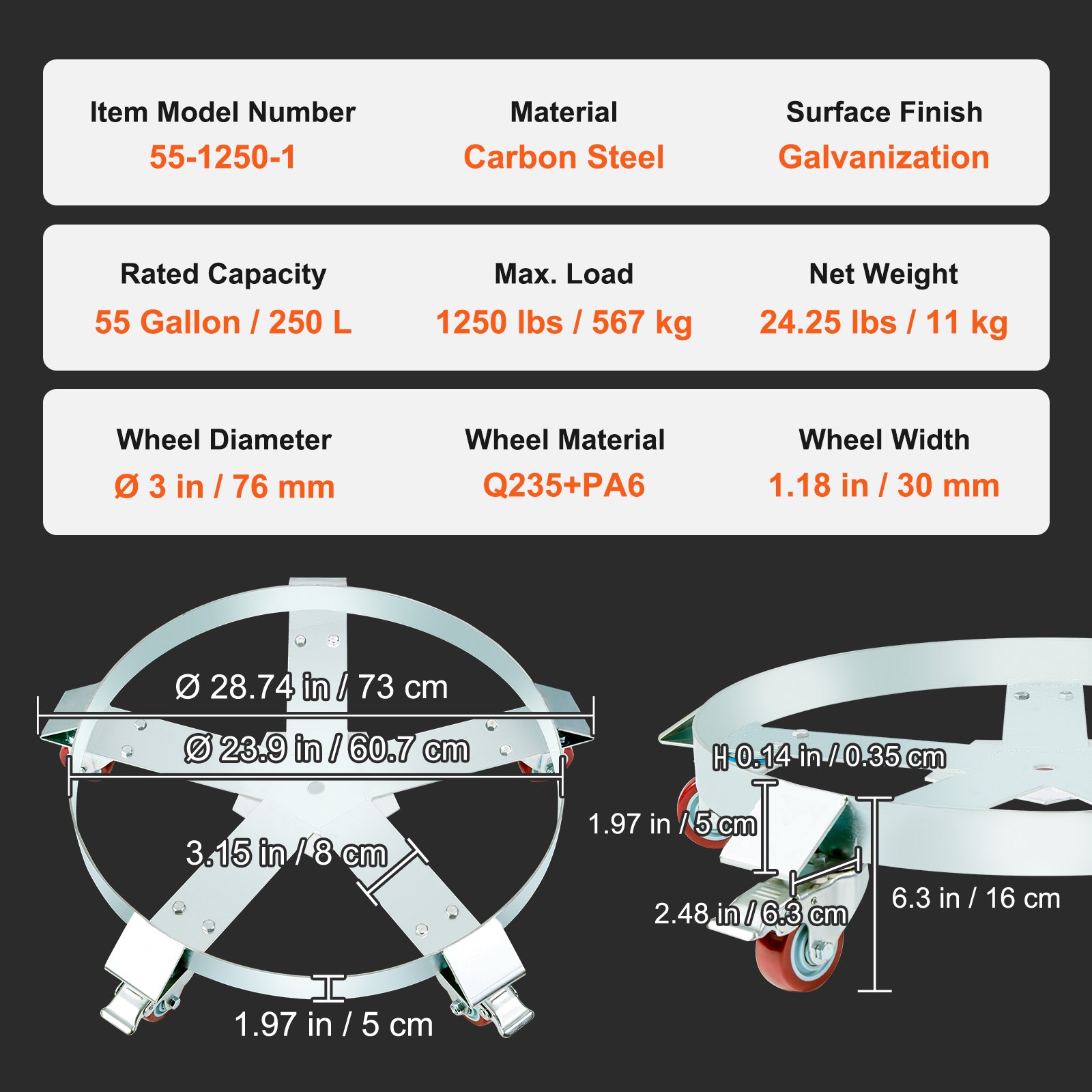 VEVOR 250 L Heavy Duty Drum Dolly, 567 kg Load Capacity, Barrel Dolly Cart Drum Caddy, Non Tipping Hand Truck Capacity Dollies with Steel Frame 5 Swivel Casters Wheel, for Warehouse Drum Handling
